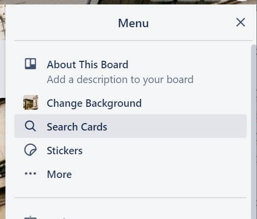 The Trello board menu