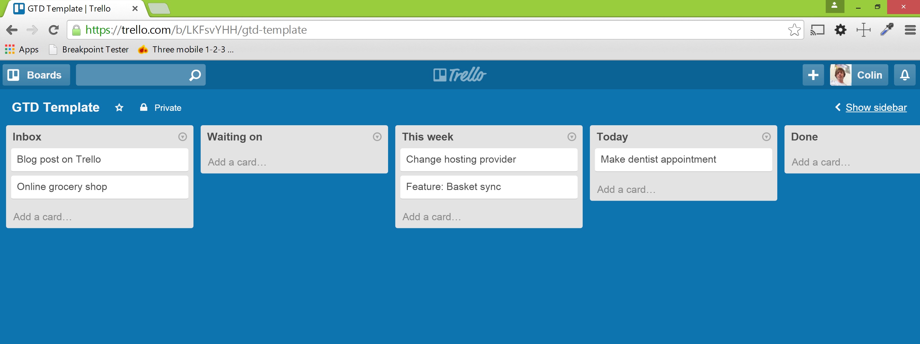 Trello board with a GTD workflow