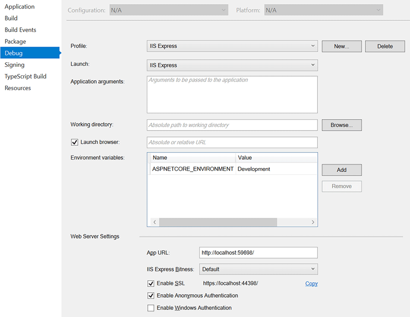 .Net Core project properties window showing SSL enabled