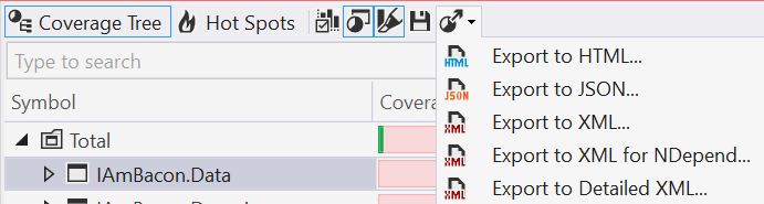 Menu option for exporting coverage data for NDepend