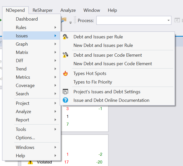 The NDepend toolbar menu