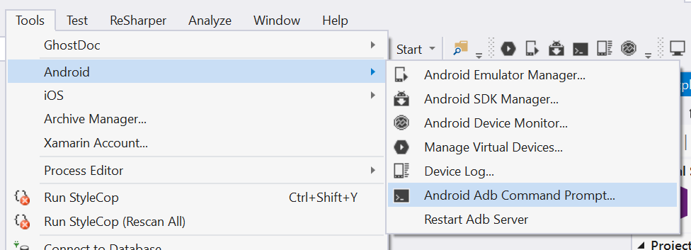 Visual Studio adb menu item
