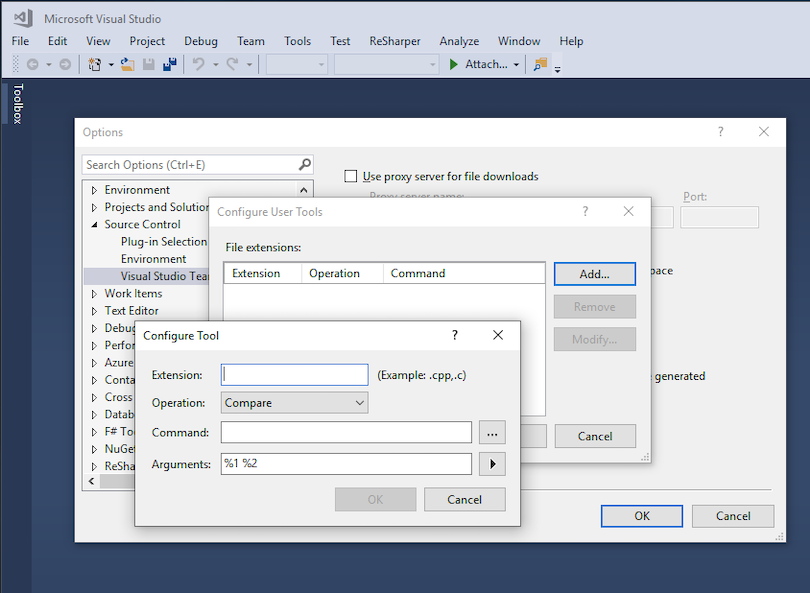 Visual Studio options showing the configure tools windows to add file compare settings